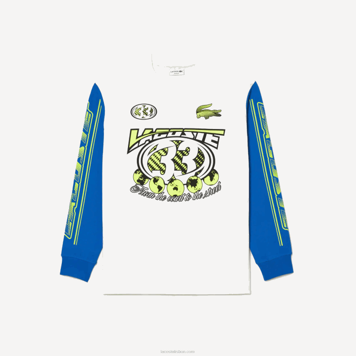 homens Lacoste branco azul zil t-shirt estampada de manga comprida folgada 08D0149