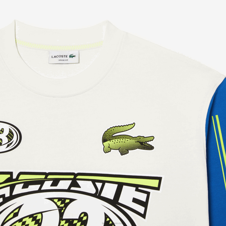 homens Lacoste branco azul zil t-shirt estampada de manga comprida folgada 08D0149