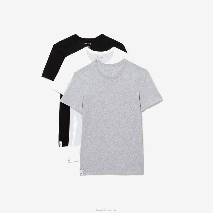 homens Lacoste branco cinza chine preto bxy camiseta de algodão com gola redonda pacote com 3 08D01349