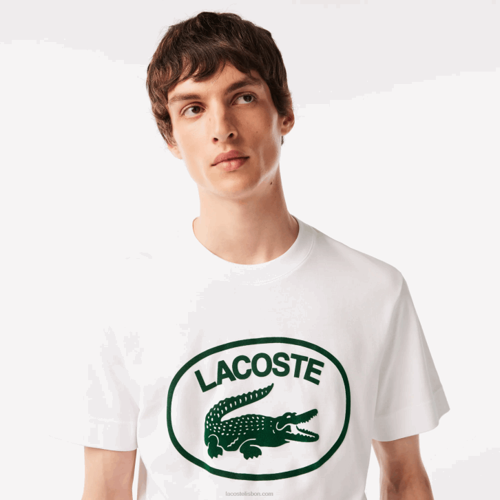 homens Lacoste branco verde 737 t-shirt de algodão de marca tom sobre tom de ajuste relaxado 08D0132