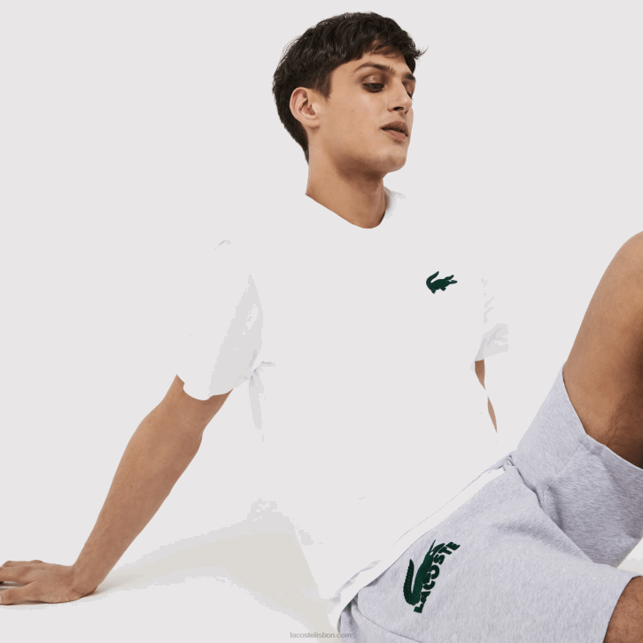 homens Lacoste branco verde 7wj t-shirt de algodão de gola redonda de crocodilo de veludo 08D01343