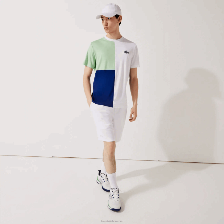 homens Lacoste branco verde azul marinho branco cmn camiseta esporte tricolor respirável light piquê 08D0908