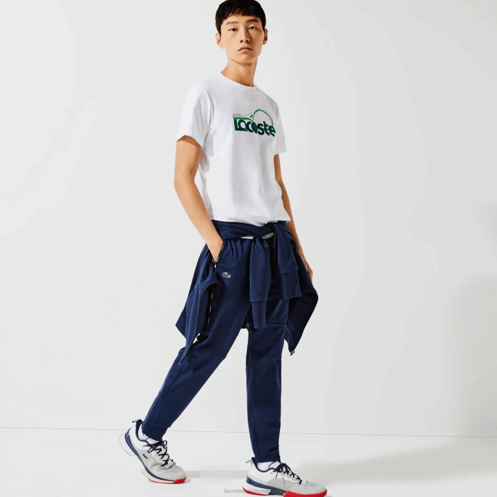 homens Lacoste branco verde v7e camiseta esportiva respirável com estampa de tênis decote careca 08D0792
