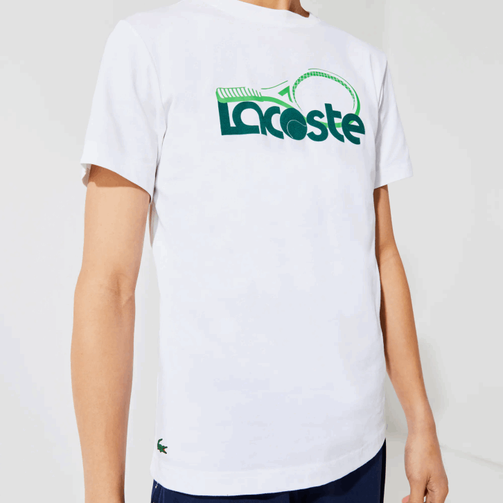 homens Lacoste branco verde v7e camiseta esportiva respirável com estampa de tênis decote careca 08D0792