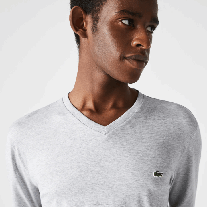 homens Lacoste chine cinza cca camiseta leve de algodão pima com decote em v 08D0677