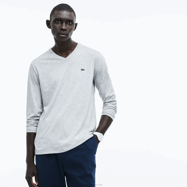 homens Lacoste chine cinza cca camiseta leve de algodão pima com decote em v 08D0677