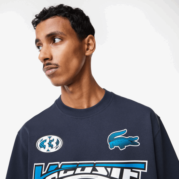 homens Lacoste kxe azul t-shirt com estampa de jérsei de algodão solto 08D0146