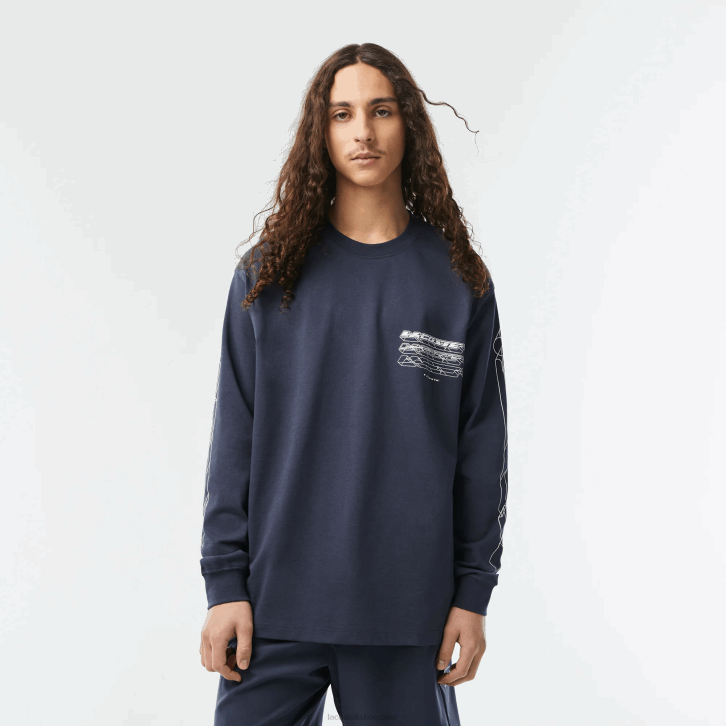 homens Lacoste kxe azul t-shirt de manga comprida em jérsei de algodão solto 08D0176
