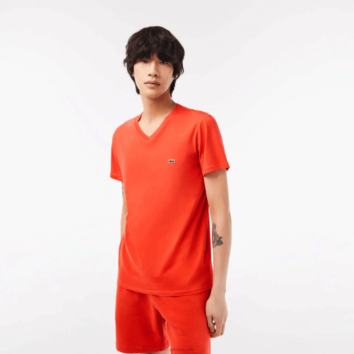 homens Lacoste laranja 02k camiseta de jérsei de algodão pima com decote v 08D039