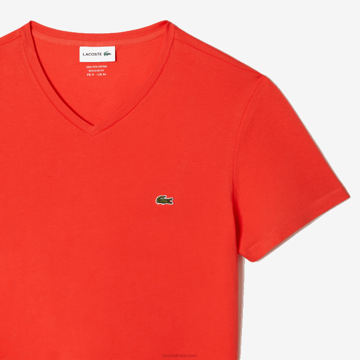homens Lacoste laranja 02k camiseta de jérsei de algodão pima com decote v 08D039