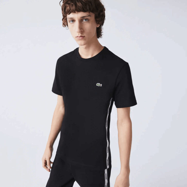 homens Lacoste preto 031 t-shirt de algodão com gola redonda de bandas de marca 08D0910
