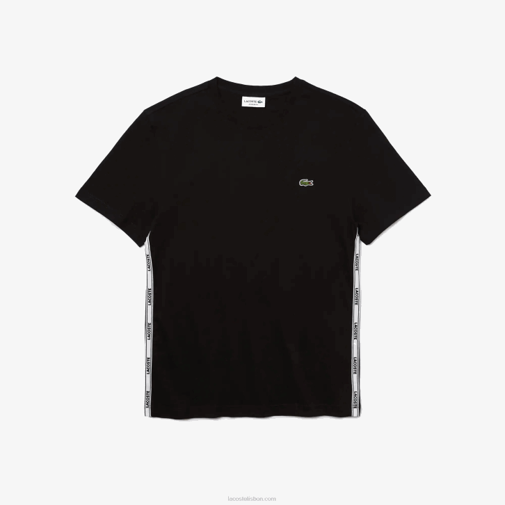 homens Lacoste preto 031 t-shirt de algodão com gola redonda de bandas de marca 08D0910