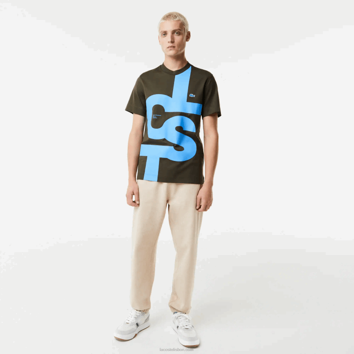 homens Lacoste verde caqui s7t camiseta de algodão com letras contrastantes de ajuste regular 08D0567