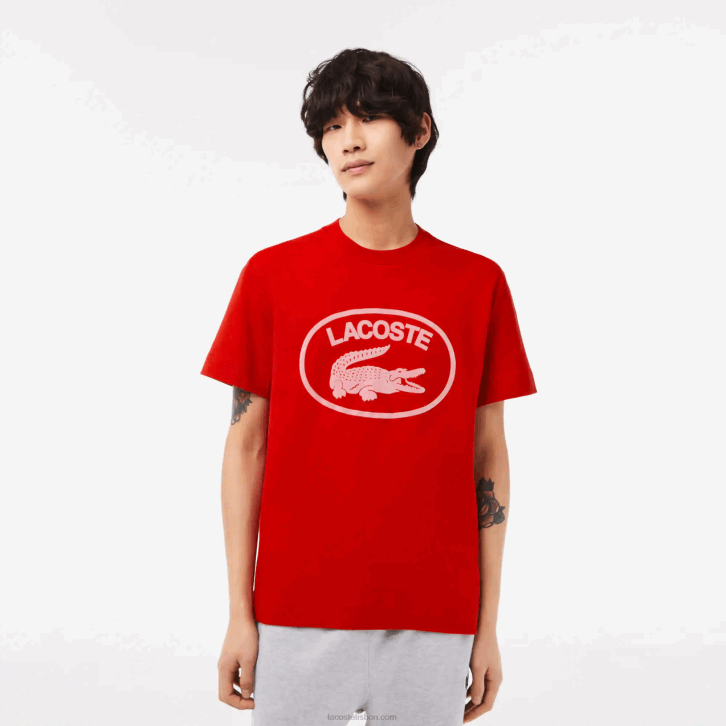 homens Lacoste vermelho rosa s4i t-shirt de algodão de marca tom sobre tom de ajuste relaxado 08D0131