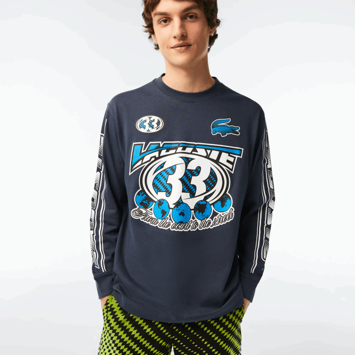 homens Lacoste xie azul t-shirt estampada de manga comprida folgada 08D0148