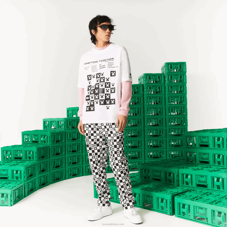 homensbranco 001 camiseta lacoste x minecraft solta em algodão orgânico 08D0853