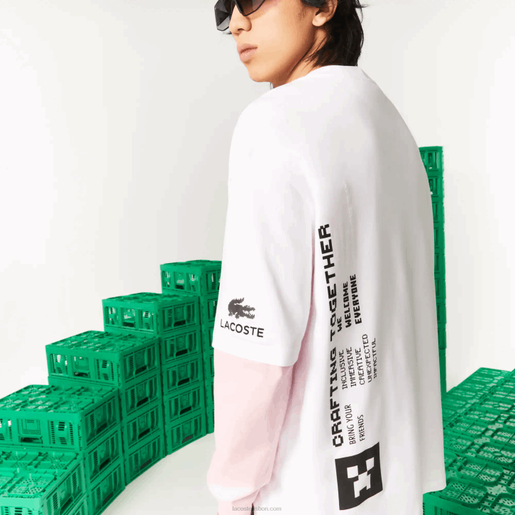homensbranco 001 camiseta lacoste x minecraft solta em algodão orgânico 08D0853