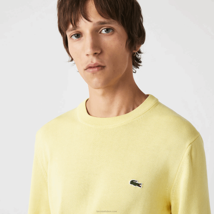 homens Lacoste amarelo 107 suéter de gola redonda de algodão orgânico 08D01617