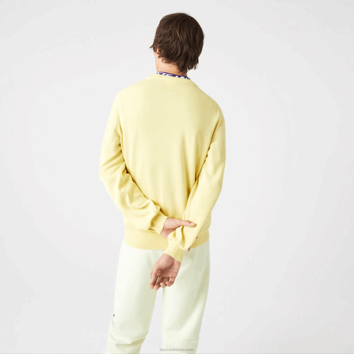 homens Lacoste amarelo 107 suéter de gola redonda de algodão orgânico 08D01617