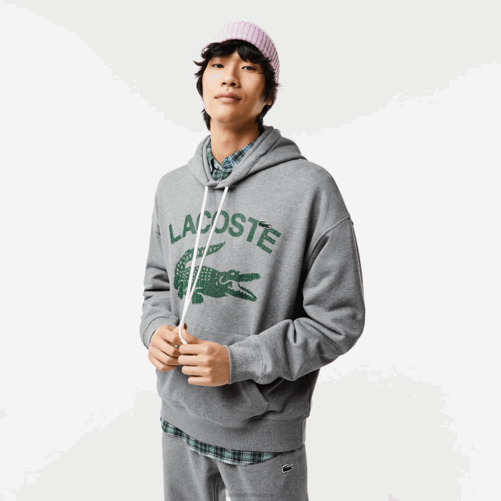 homens Lacoste ano chine cinza moletom com capuz de crocodilo de ajuste solto 08D0969