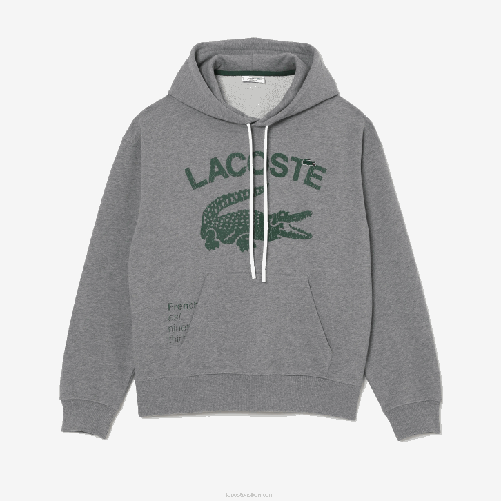 homens Lacoste ano chine cinza moletom com capuz de crocodilo de ajuste solto 08D0969