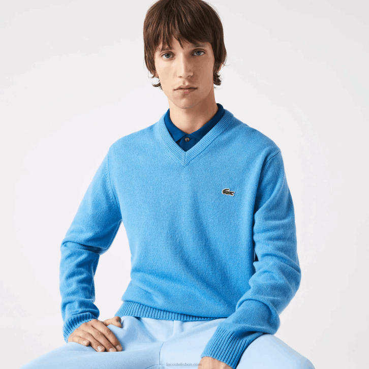 homens Lacoste azul 4x suéter de lã com decote v 08D01553