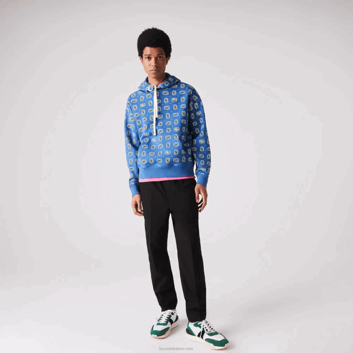 homens Lacoste azul branco bx9 moletom com capuz de algodão com estampa solta ao vivo 08D01143