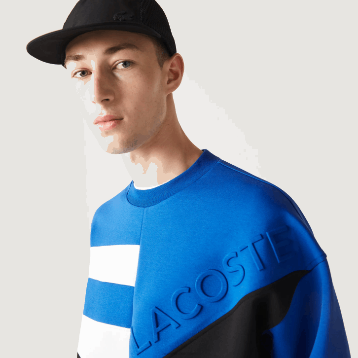 homens Lacoste azul branco nne moletom solto com efeito patchwork 08D0956