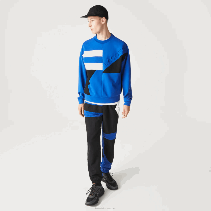 homens Lacoste azul branco nne moletom solto com efeito patchwork 08D0956