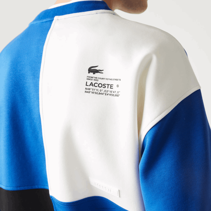homens Lacoste azul branco nne moletom solto com efeito patchwork 08D0956