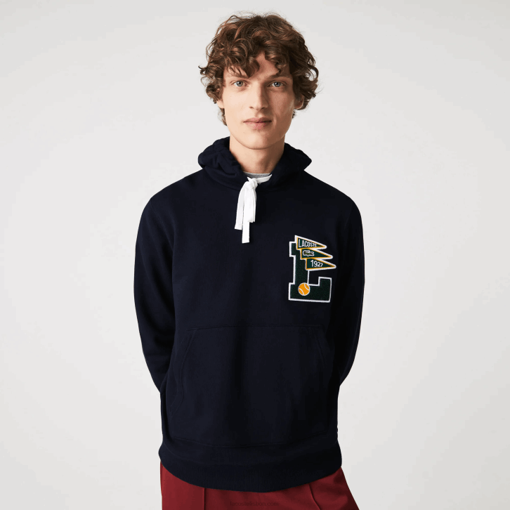 homens Lacoste azul marinho 166 flâmulas l badge moletom de lã de algodão com capuz 08D01100