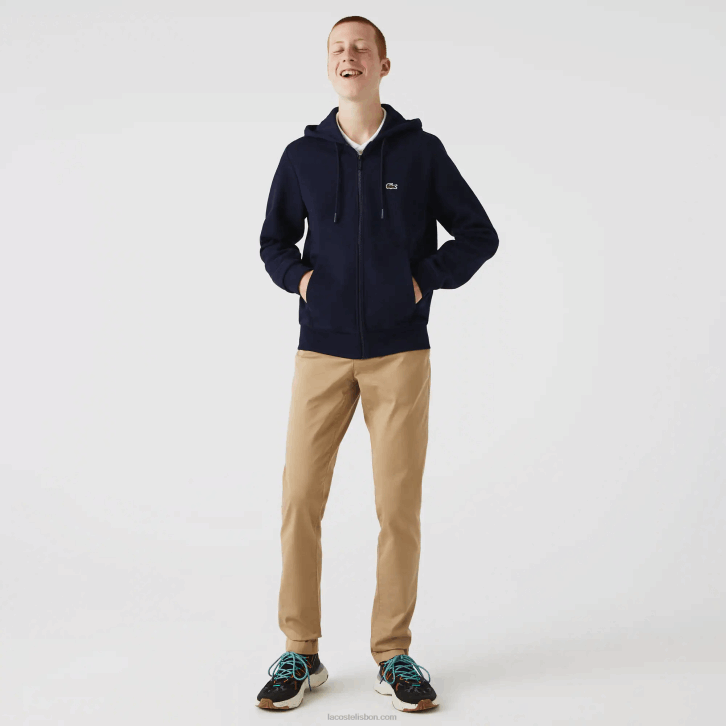 homens Lacoste azul marinho 166 moletom de lã bolso canguru com zíper 08D0297