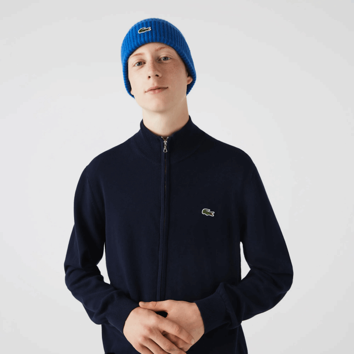 homens Lacoste azul marinho 166 suéter de gola alta de algodão orgânico com zíper 08D0461