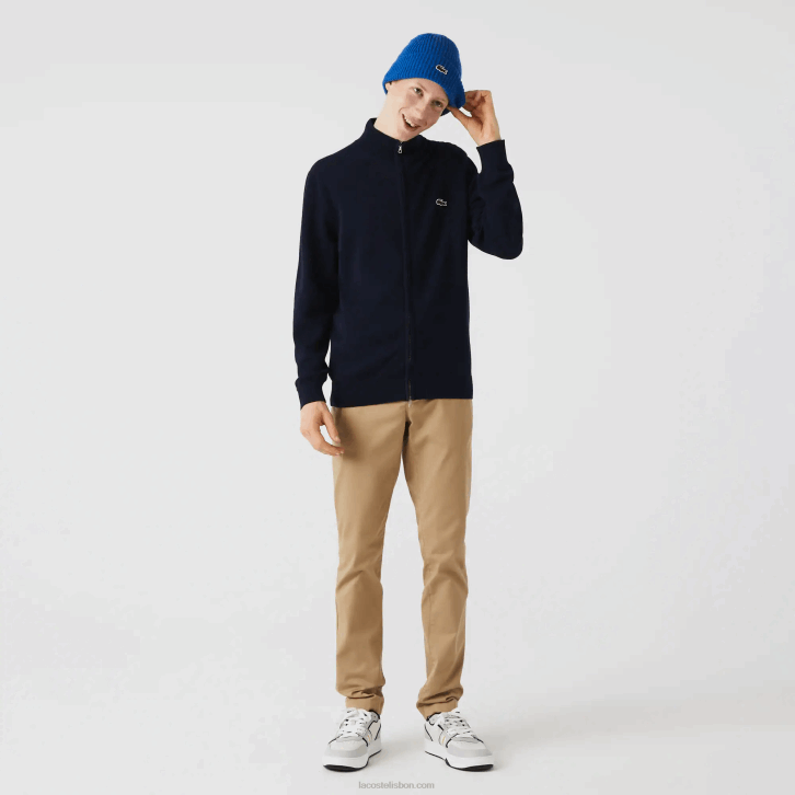 homens Lacoste azul marinho 166 suéter de gola alta de algodão orgânico com zíper 08D0461