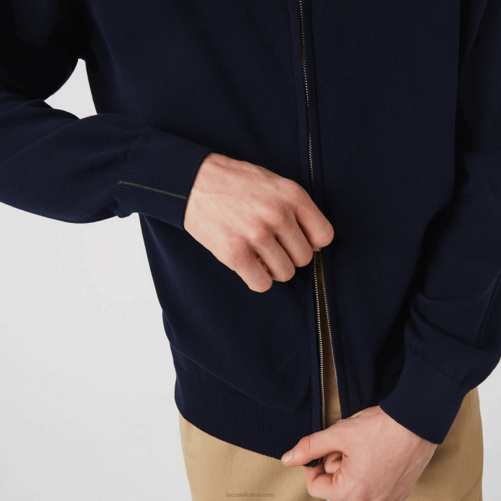 homens Lacoste azul marinho 166 suéter de gola alta de algodão orgânico com zíper 08D0461