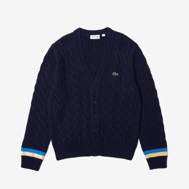 homens Lacoste azul marinho amarelo azul 7kz cardigã listrado de contraste de ajuste clássico 08D01498