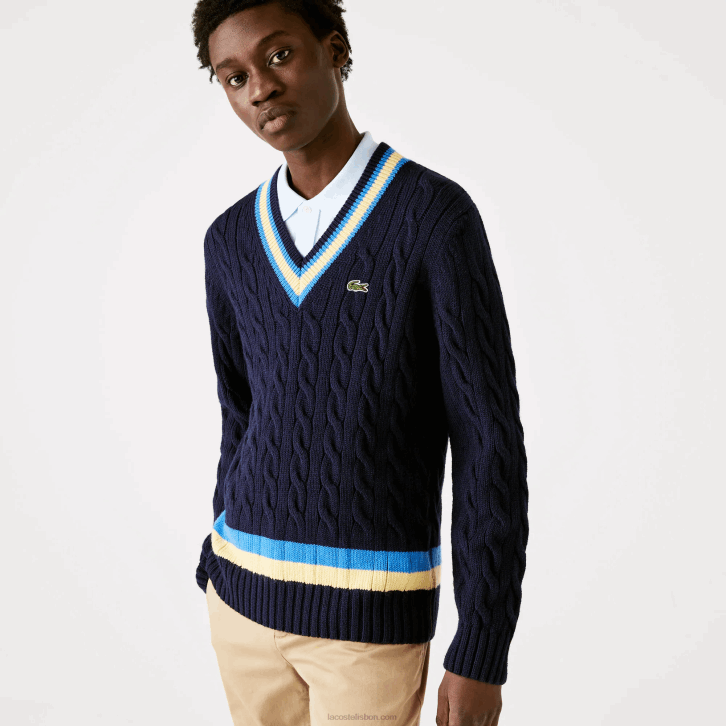 homens Lacoste azul marinho amarelo azul 7kz suéter de lã listrado com ajuste clássico 08D01517
