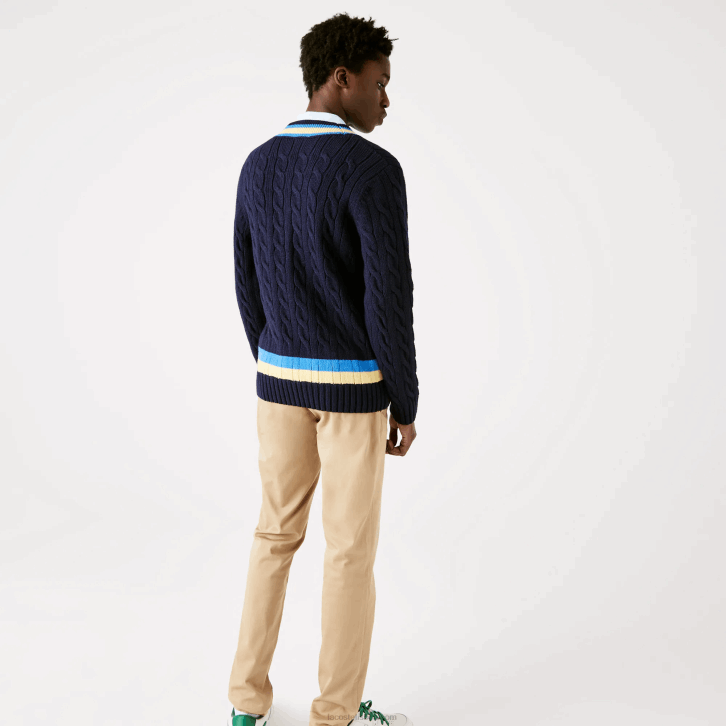 homens Lacoste azul marinho amarelo azul 7kz suéter de lã listrado com ajuste clássico 08D01517