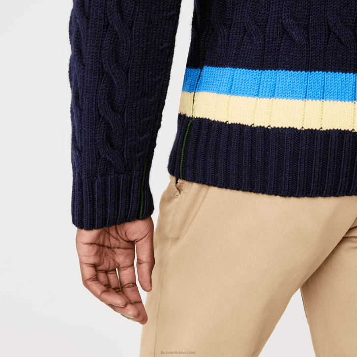 homens Lacoste azul marinho amarelo azul 7kz suéter de lã listrado com ajuste clássico 08D01517