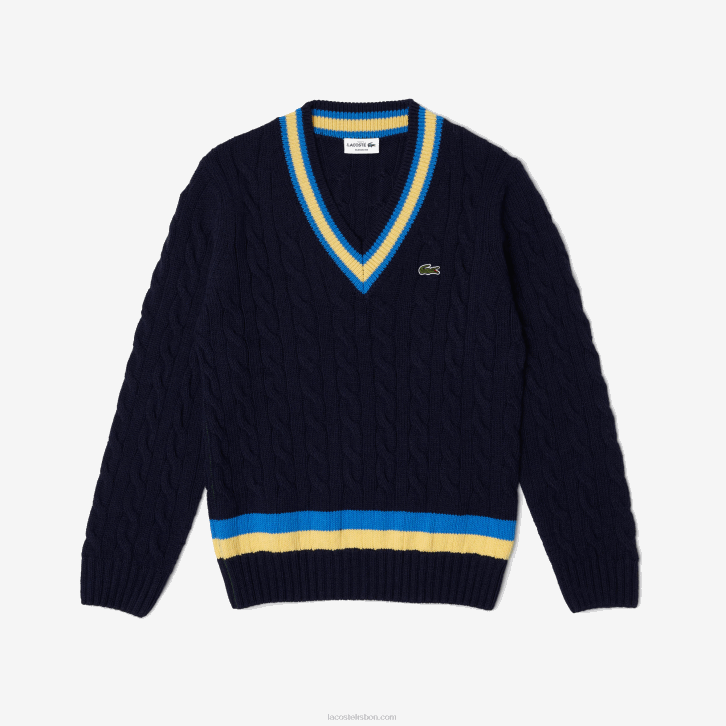 homens Lacoste azul marinho amarelo azul 7kz suéter de lã listrado com ajuste clássico 08D01517