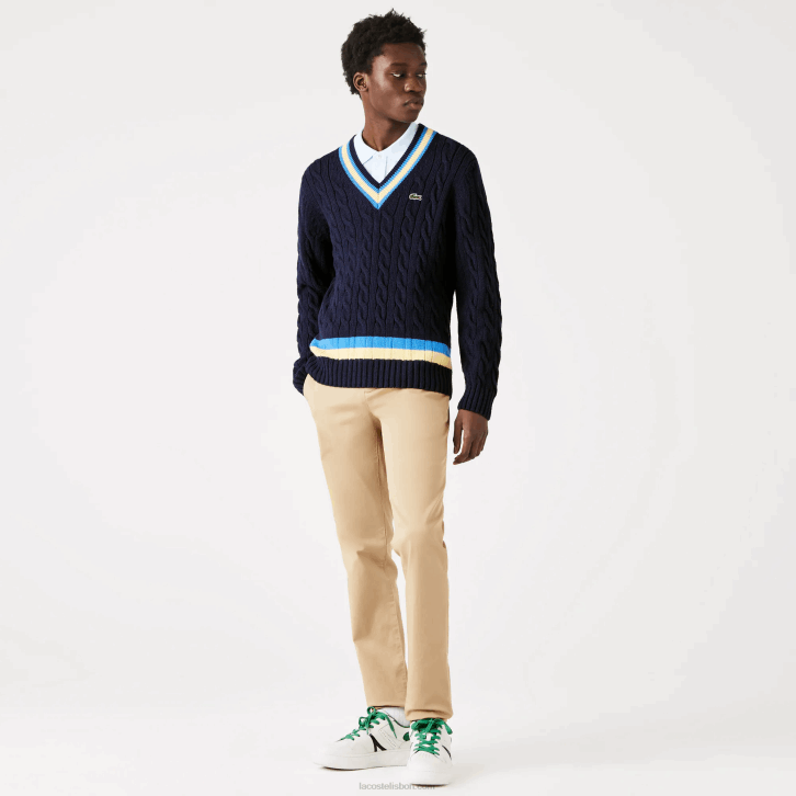 homens Lacoste azul marinho amarelo azul 7kz suéter de lã listrado com ajuste clássico 08D01517