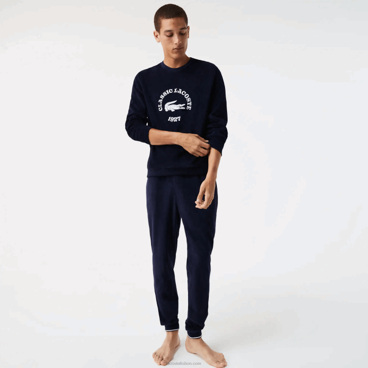 homens Lacoste azul marinho branco 525 moletom felpudo de ajuste regular 08D01268