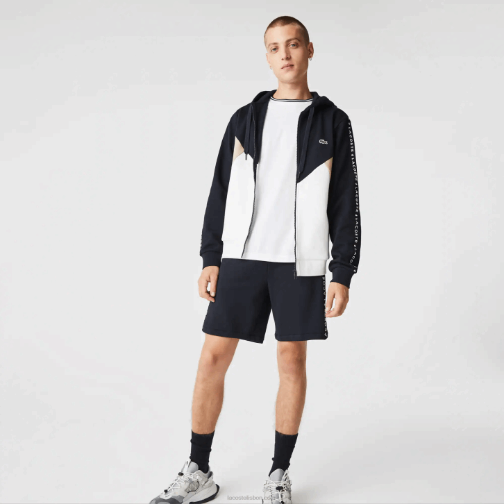 homens Lacoste azul marinho branco bege e8t moletom de lã com capuz e letras colorblock 08D0997