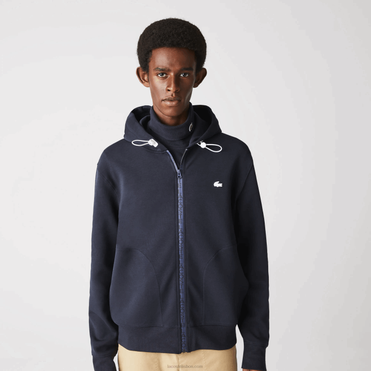 homens Lacoste azul marinho hde moletom com capuz e zíper com letras de mistura de algodão 08D01177