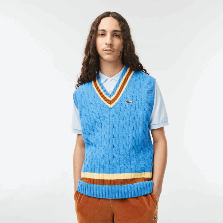 homens Lacoste azul marrom amarelo 7ms colete de lã de ajuste clássico 08D01470