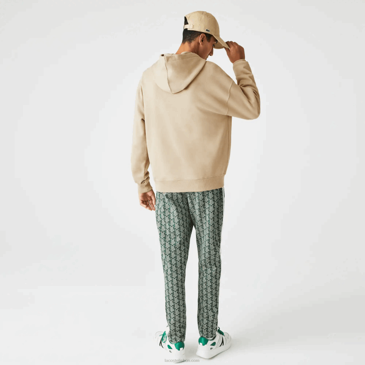 homens Lacoste bege 02s moletom com capuz de monograma de marca de ajuste solto 08D0971
