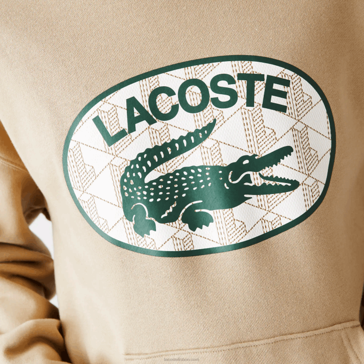 homens Lacoste bege 02s moletom com capuz de monograma de marca de ajuste solto 08D0971
