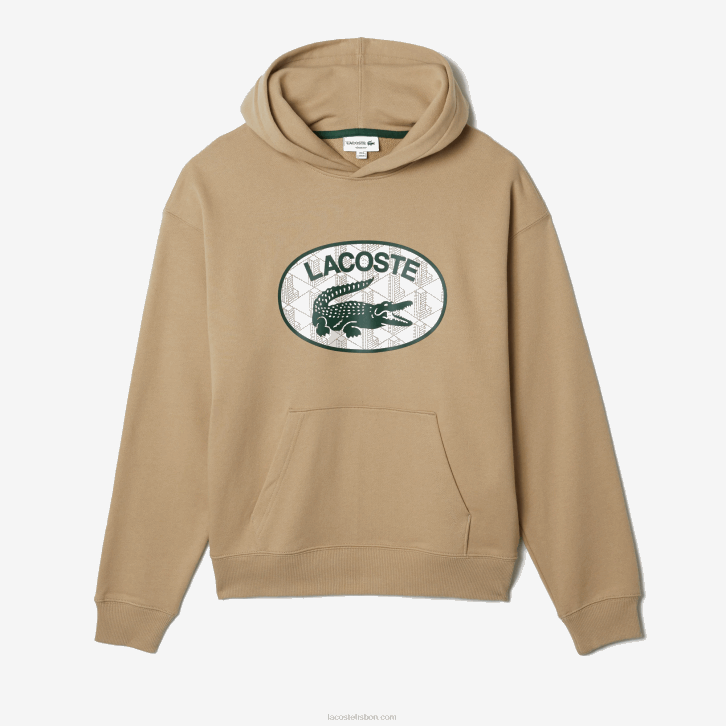 homens Lacoste bege 02s moletom com capuz de monograma de marca de ajuste solto 08D0971