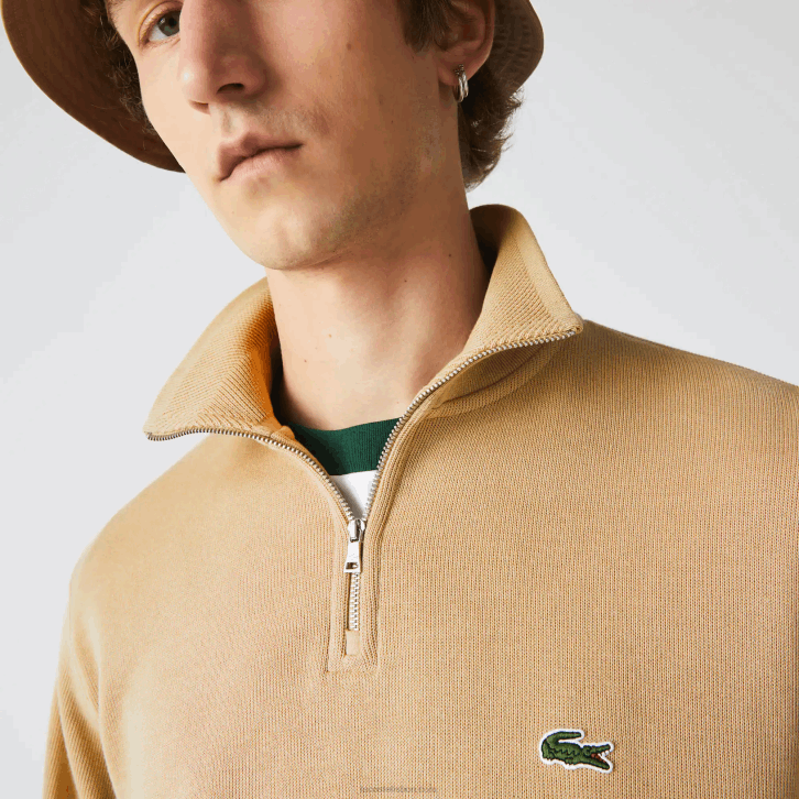homens Lacoste bege 02s moletom de algodão com gola alta com zíper 08D0957
