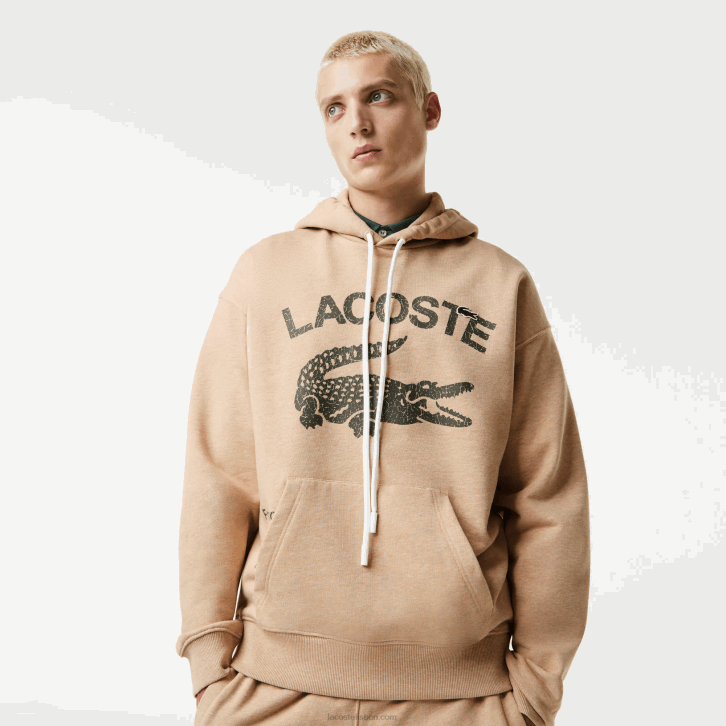 homens Lacoste bege 4jw moletom com capuz de crocodilo de ajuste solto 08D0968